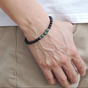 Mens Malachite and Matte Onyx Bracelet Beaded Sterling Silver clasp